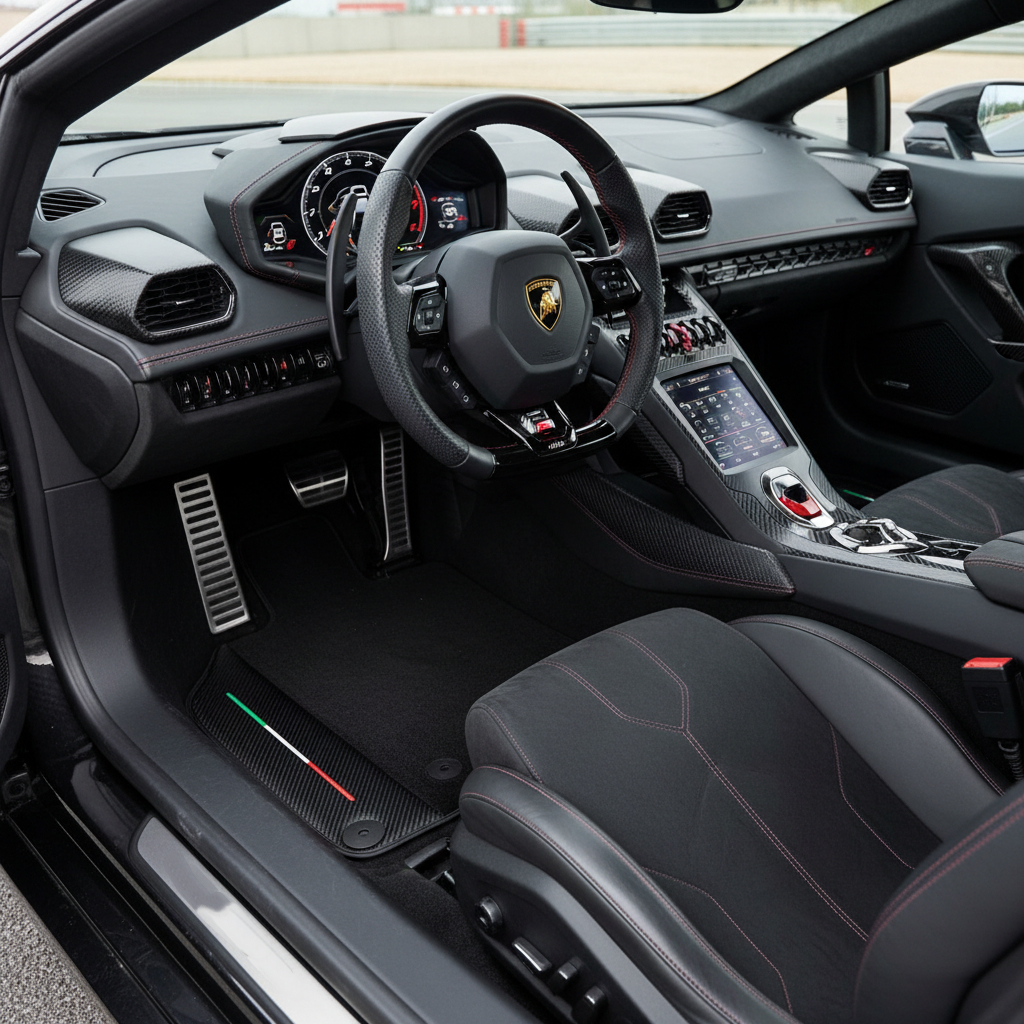 Tapis de voiture noirs sur mesure pour Lamborghini Huracan EVO 2019-2024 avec bordures en cuir carbone