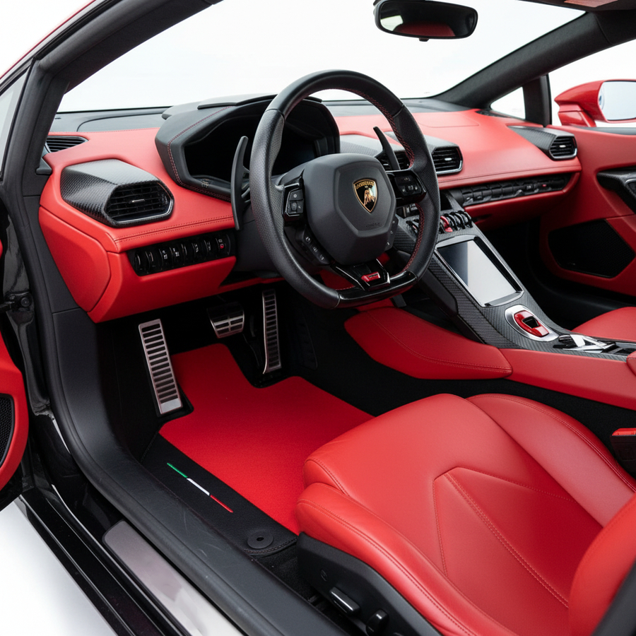 Red Floor Mats for Lamborghini Huracan EVO with Black Leather and Italian Flag