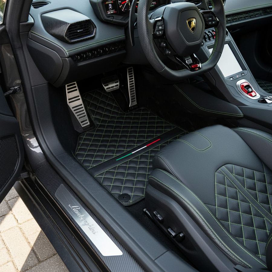 Tapis de voiture en cuir noir sur mesure pour Lamborghini Huracan Perfomante | Coutures vertes