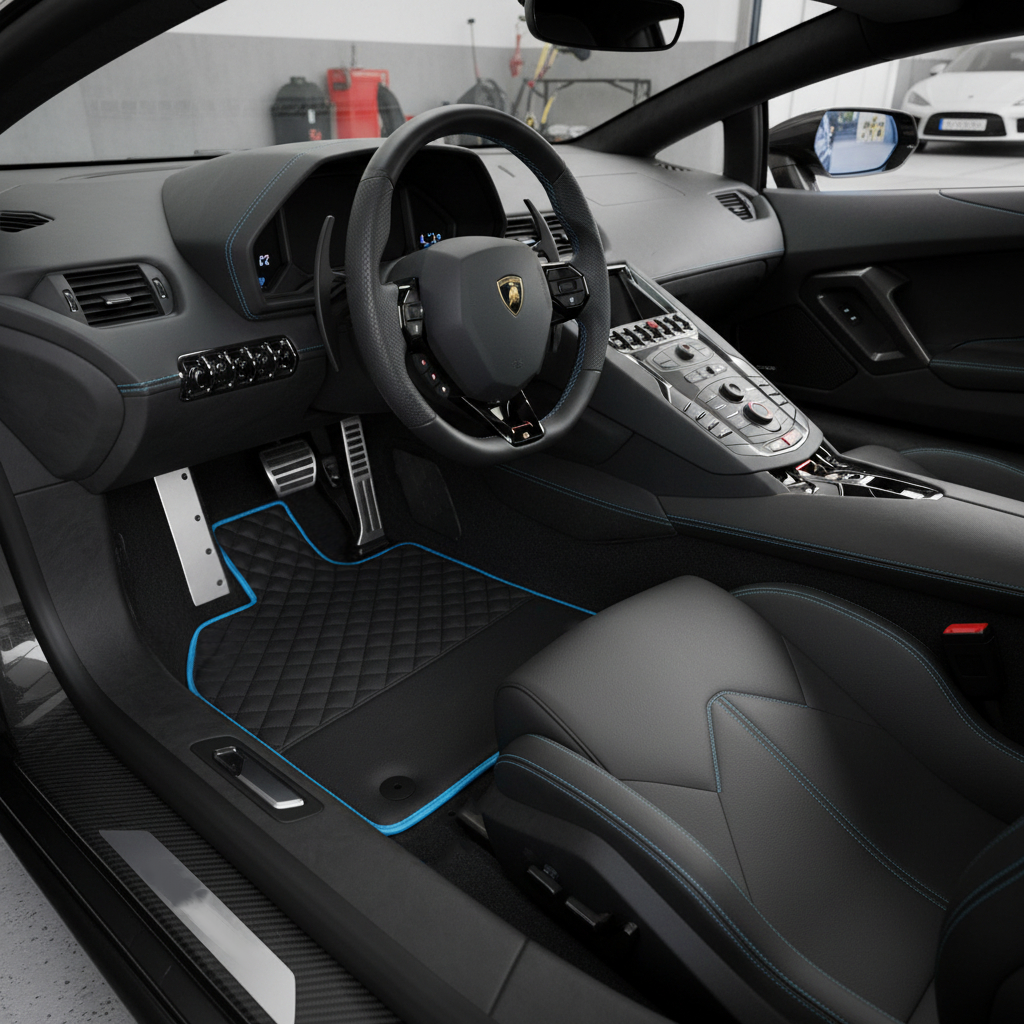 Anpassbare blaue Fußmatten für Lamborghini Aventador mit Alcantara-Leder - AutoWin.EU