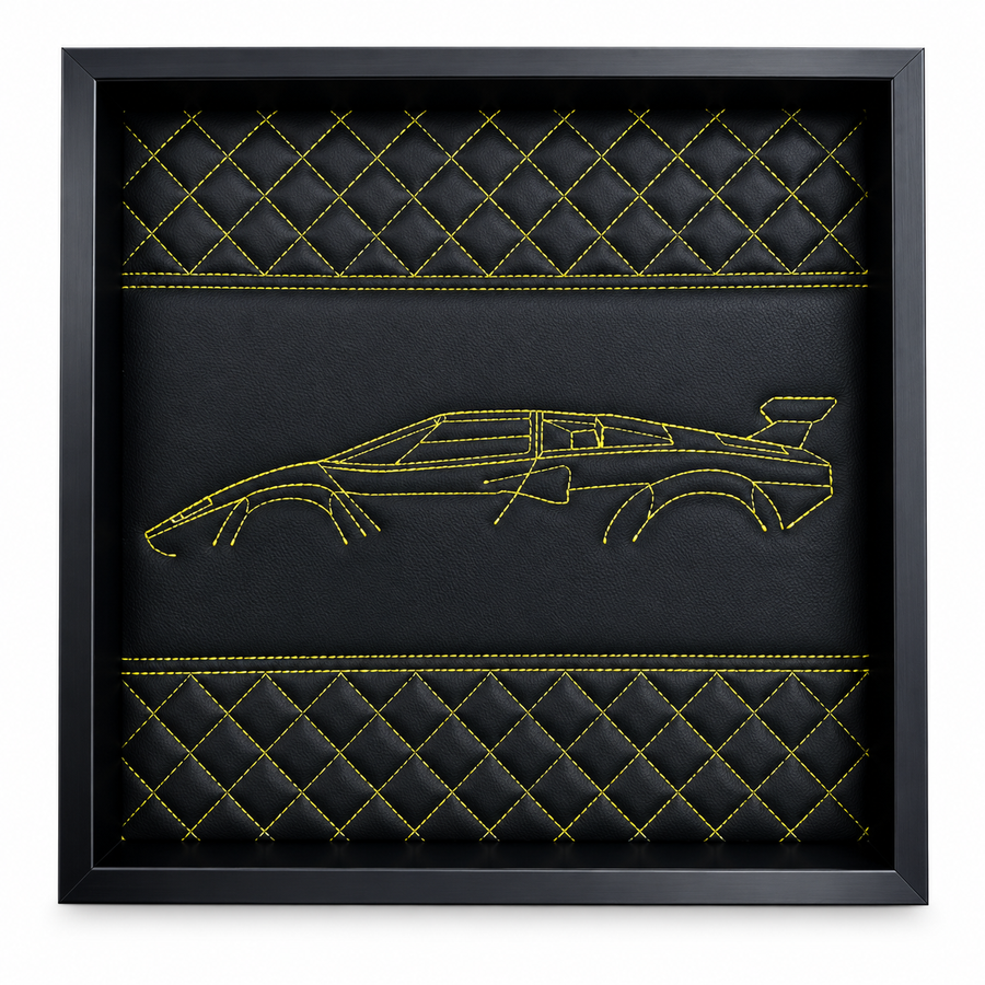Black Leather Lamborghini Countach Inspired Wall Art: Embroidered Yellow Stitch Luxury Decor