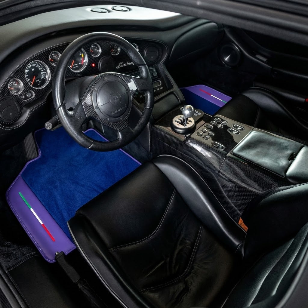 Tapis de voiture bleus personnalisables pour Lamborghini Diablo (1990-2001) avec cuir violet