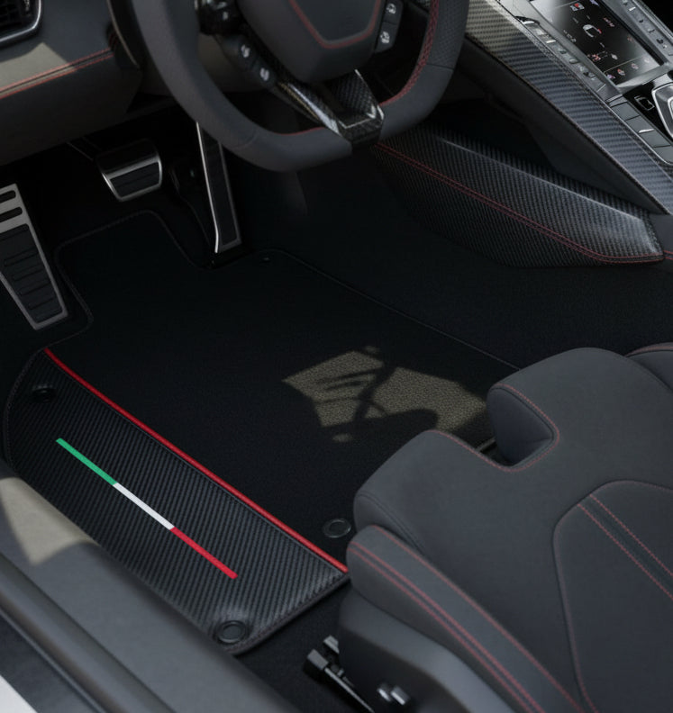 Personalisierbare schwarze Fußmatten für Lamborghini Sian (2020-2022) mit Carbonfaser