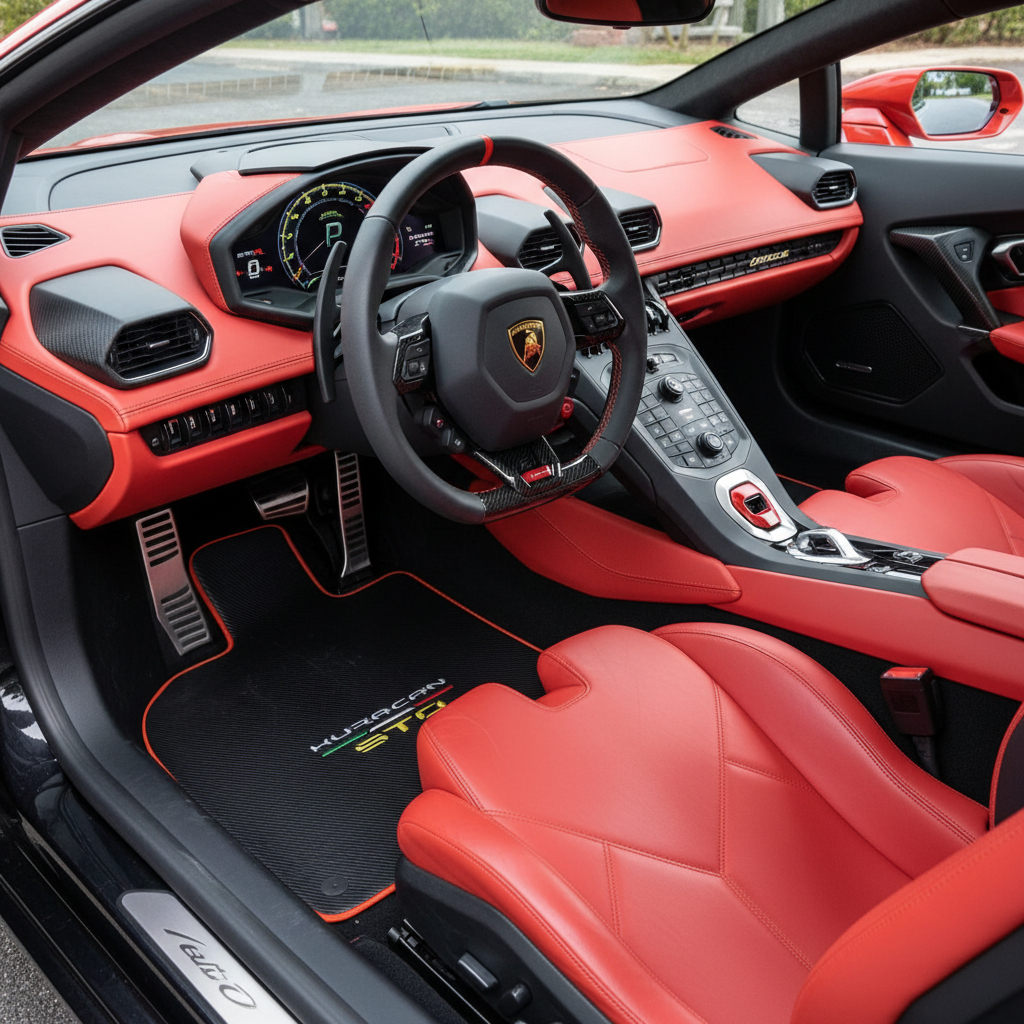 Customizable Leather Floor Mats with Symmetrical Hex Pattern for Lamborghini Huracan STO (2021-2024) - AutoWin