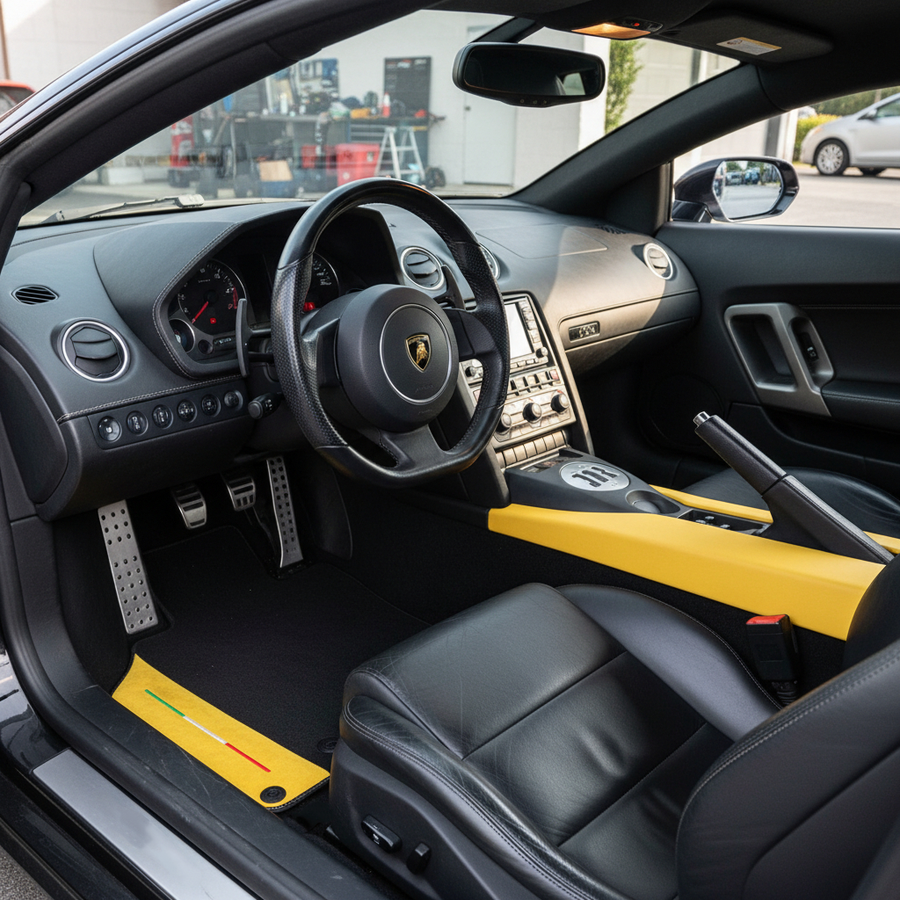 Maßgefertigte schwarze Fußmatten für Lamborghini Gallardo mit gelbem Alcantara-Leder