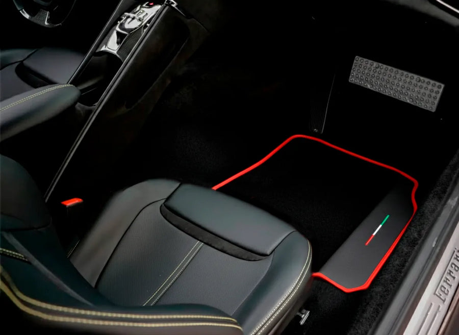 Black Floor Mats For Ferrari GTC4 Lusso (2016-2023) with Leather and Red Trim