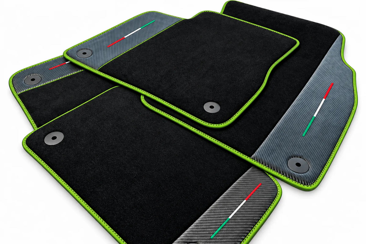Black Floor Mats For Lamborghini Urus With Carbon Fiber Leather Green trim