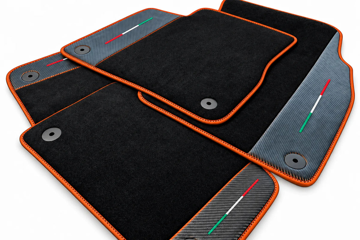 Black Floor Mats For Lamborghini Urus With Carbon Fiber Leather Orange trim