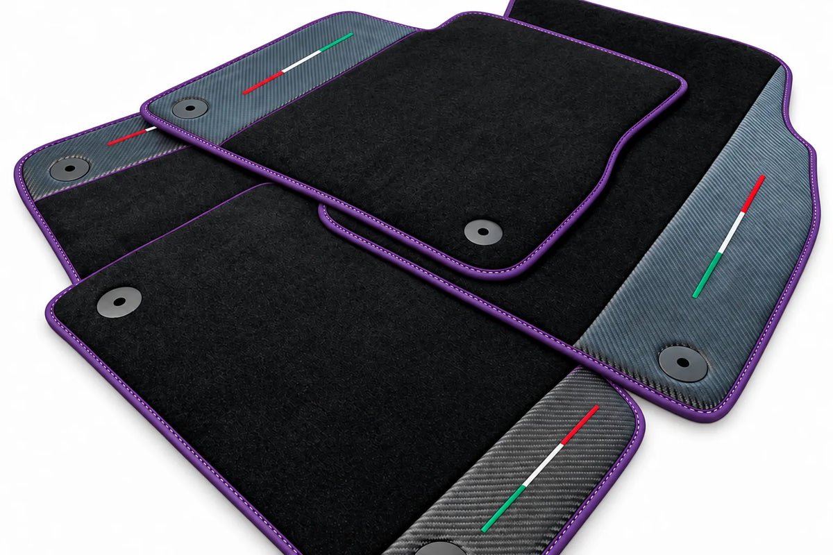 Black Floor Mats For Lamborghini Urus With Carbon Fiber Leather Purple trim
