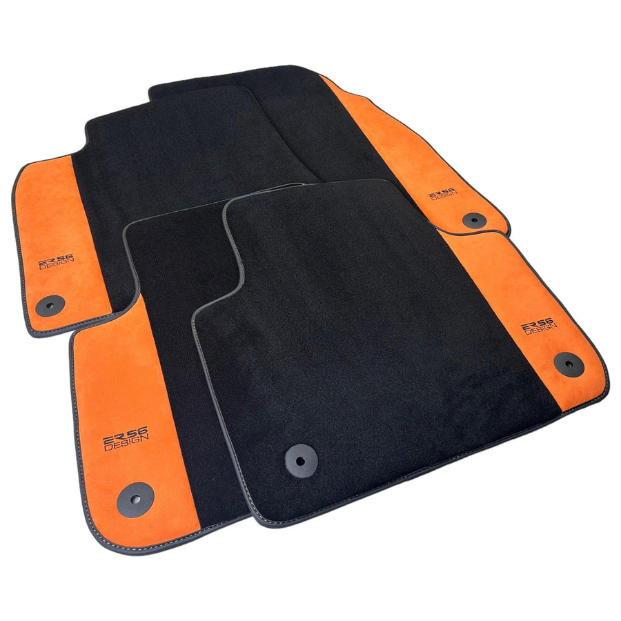 Black Floor Mats for Porsche Cayenne (2003-2010) with Orange Alcantara Leather ER56 Design - AutoWin