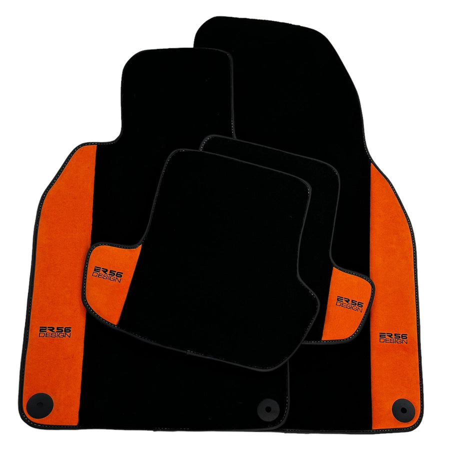 Black Floor Mats for Porsche Cayenne (2018-2023) with Orange Alcantara Leather ER56 Design - AutoWin