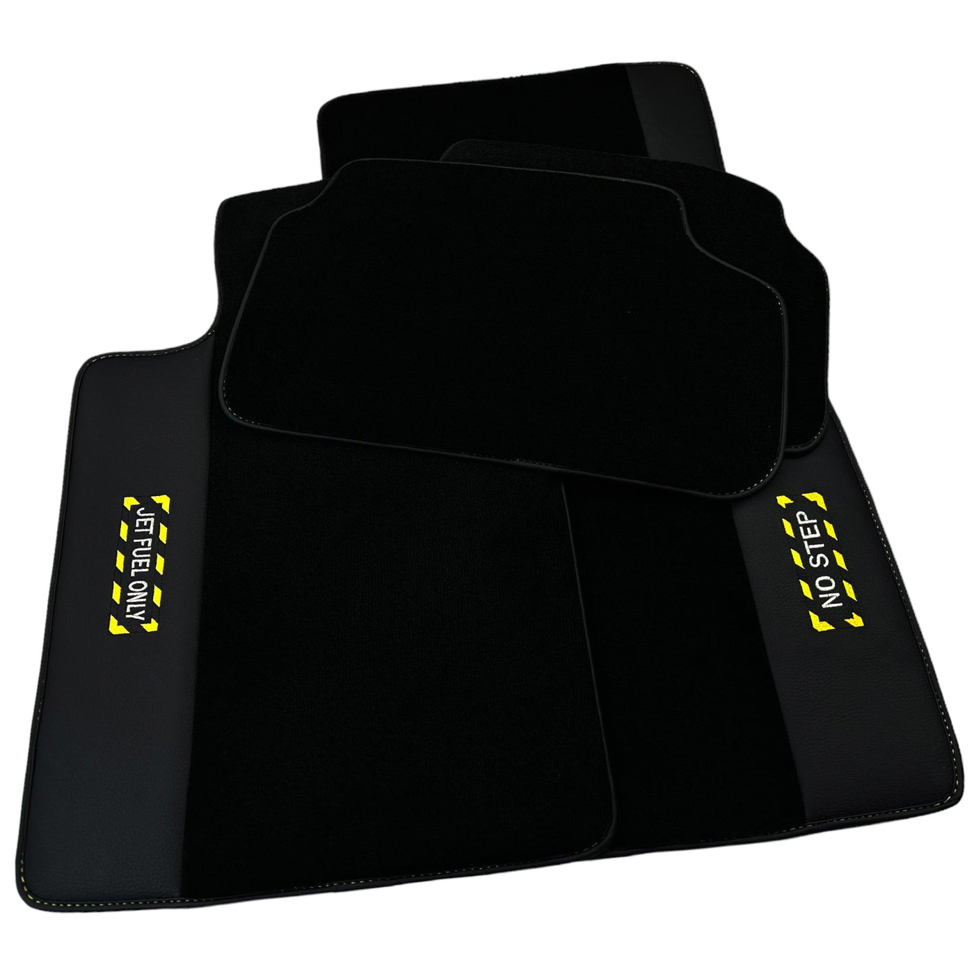 Black Floor Mats with Leather for BMW M5 G90 (2023-2026) Sedan - "Jet Fuel Only" - AutoWin