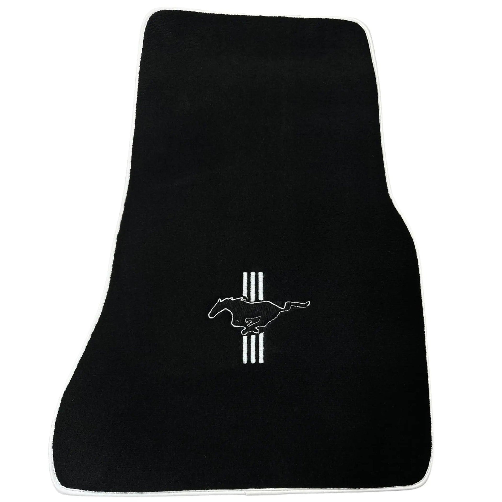 Black Floor Mats with White Trim For Ford Mustang V (2004-2010) With Pony - AutoWin