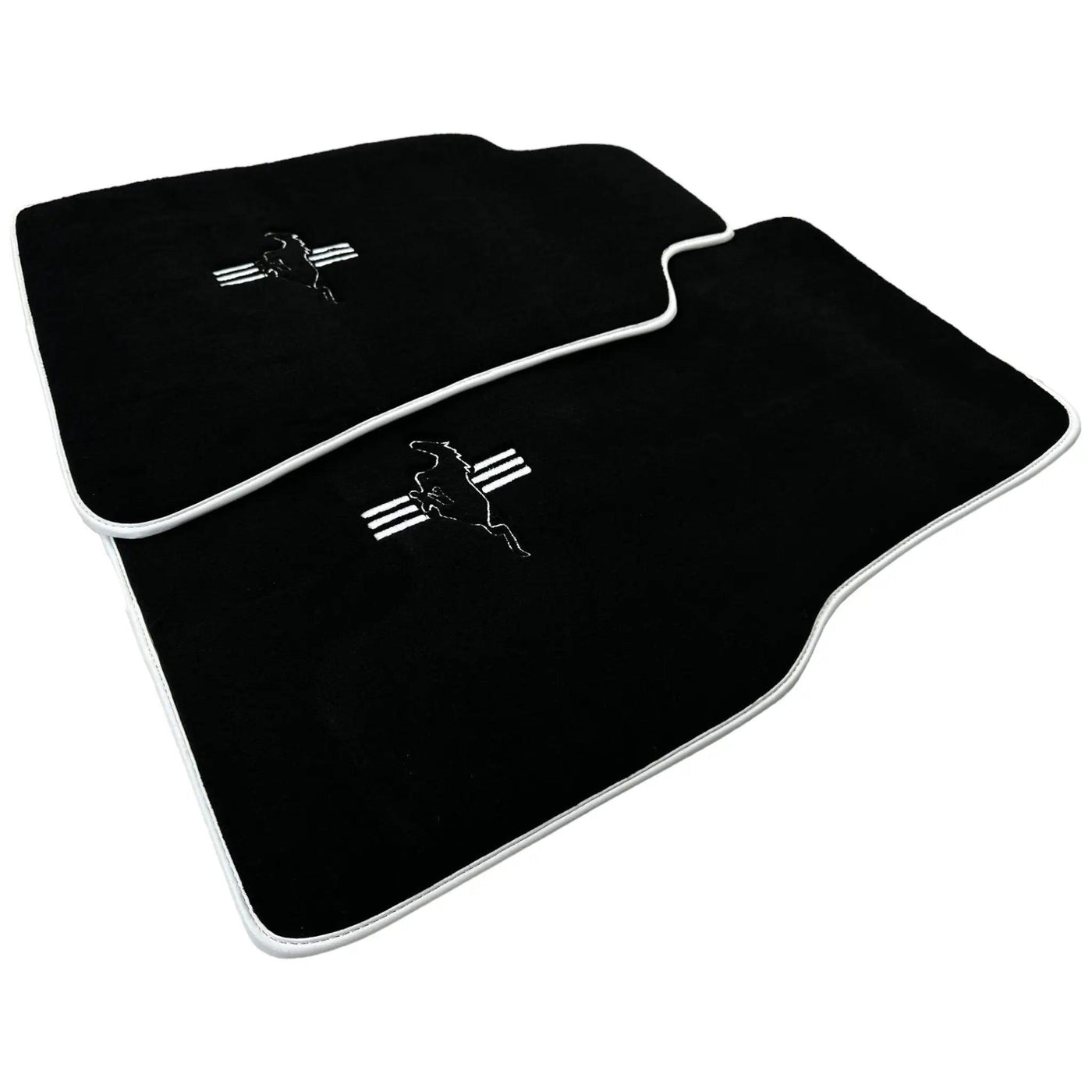 Black Floor Mats with White Trim For Ford Mustang V (2004-2010) With Pony - AutoWin