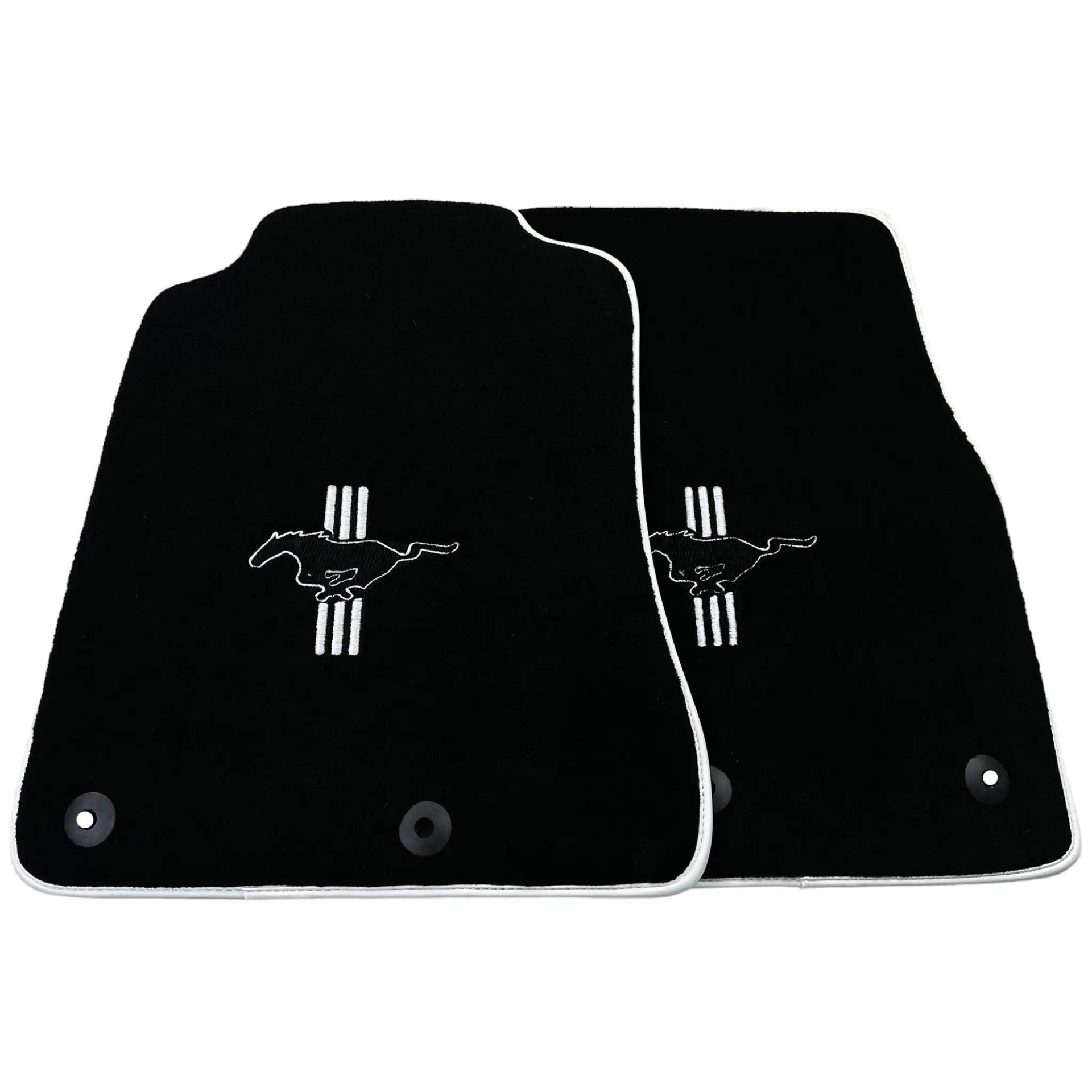 Black Floor Mats with White Trim for Ford Mustang V FL (2011-2014) With Pony - AutoWin