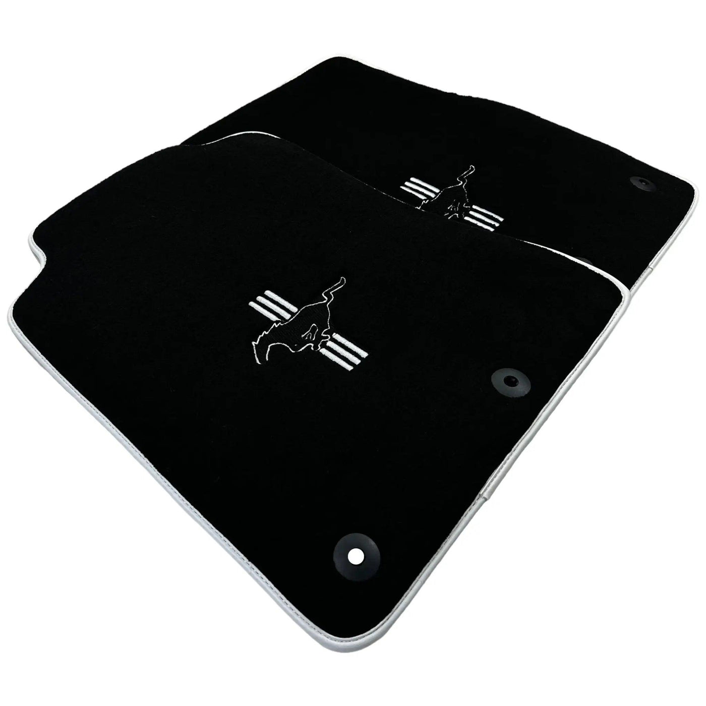 Black Floor Mats with White Trim for Ford Mustang V FL (2011-2014) With Pony - AutoWin