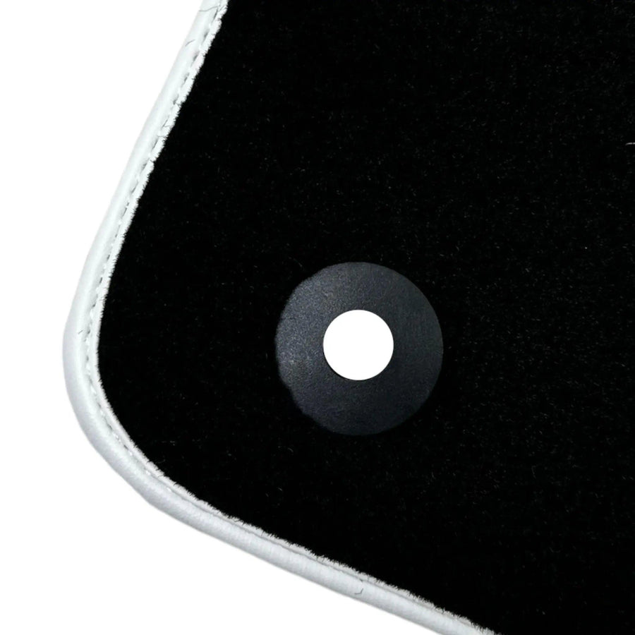 Black Floor Mats with White Trim for Ford Mustang V FL (2011-2014) With Pony - AutoWin