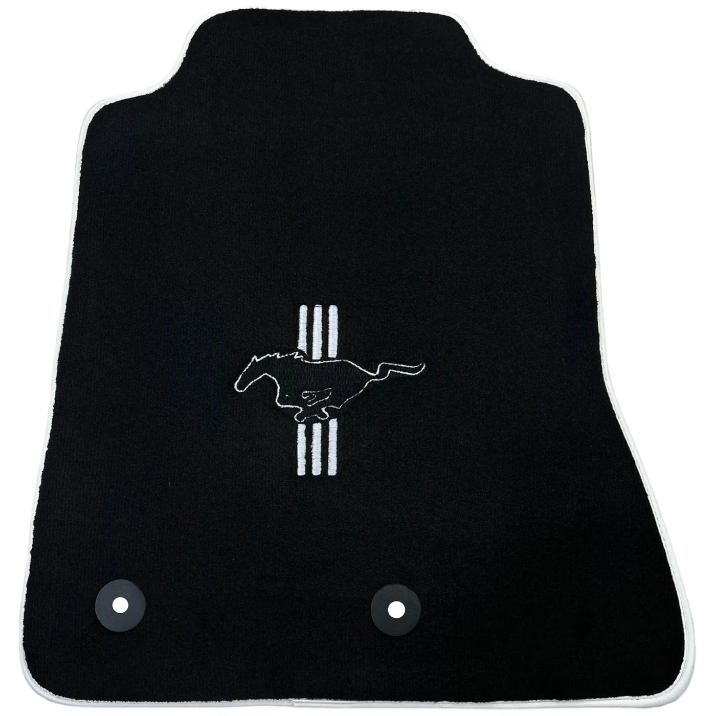 Black Floor Mats with White Trim For Ford Mustang VI (2015-2023) With Pony - AutoWin
