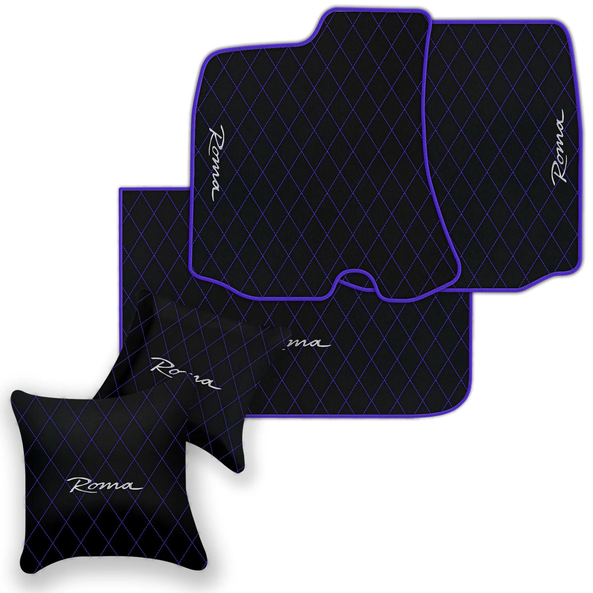 Black Leather Floor Mats for Ferrari Roma (2021-2027) with Single Diamond Pattern | Full Set Option