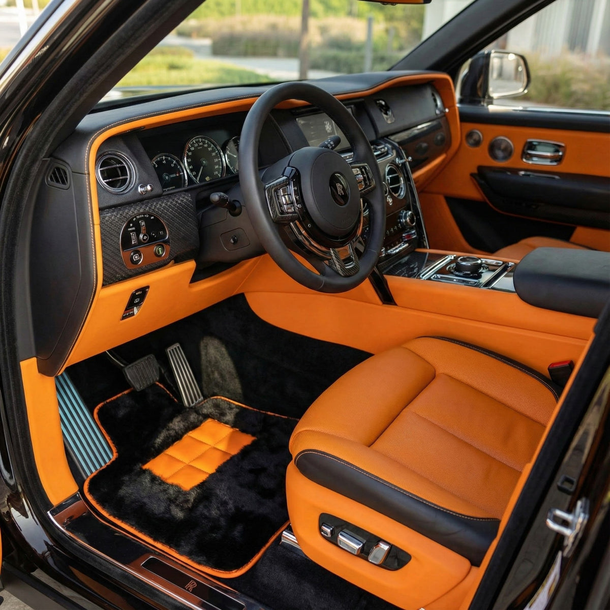 Black Sheepskin Floor Mats for Rolls-Royce Cullinan Orange Leather Trim