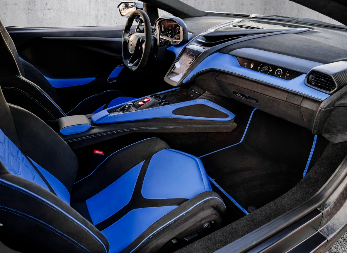 Tapis de voiture personnalisables noirs pour Lamborghini Urus avec bordure en cuir Alcantara bleue foncée