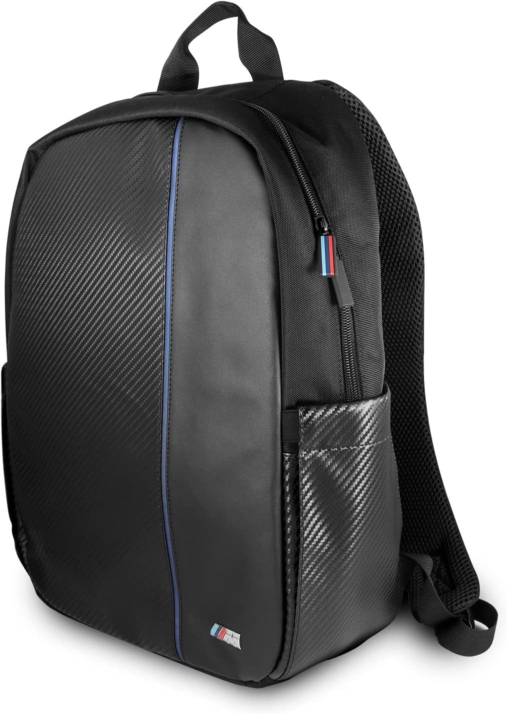BMW 15.6" Laptop Black Backpack with Carbon Fiber Design | Blue Stripe