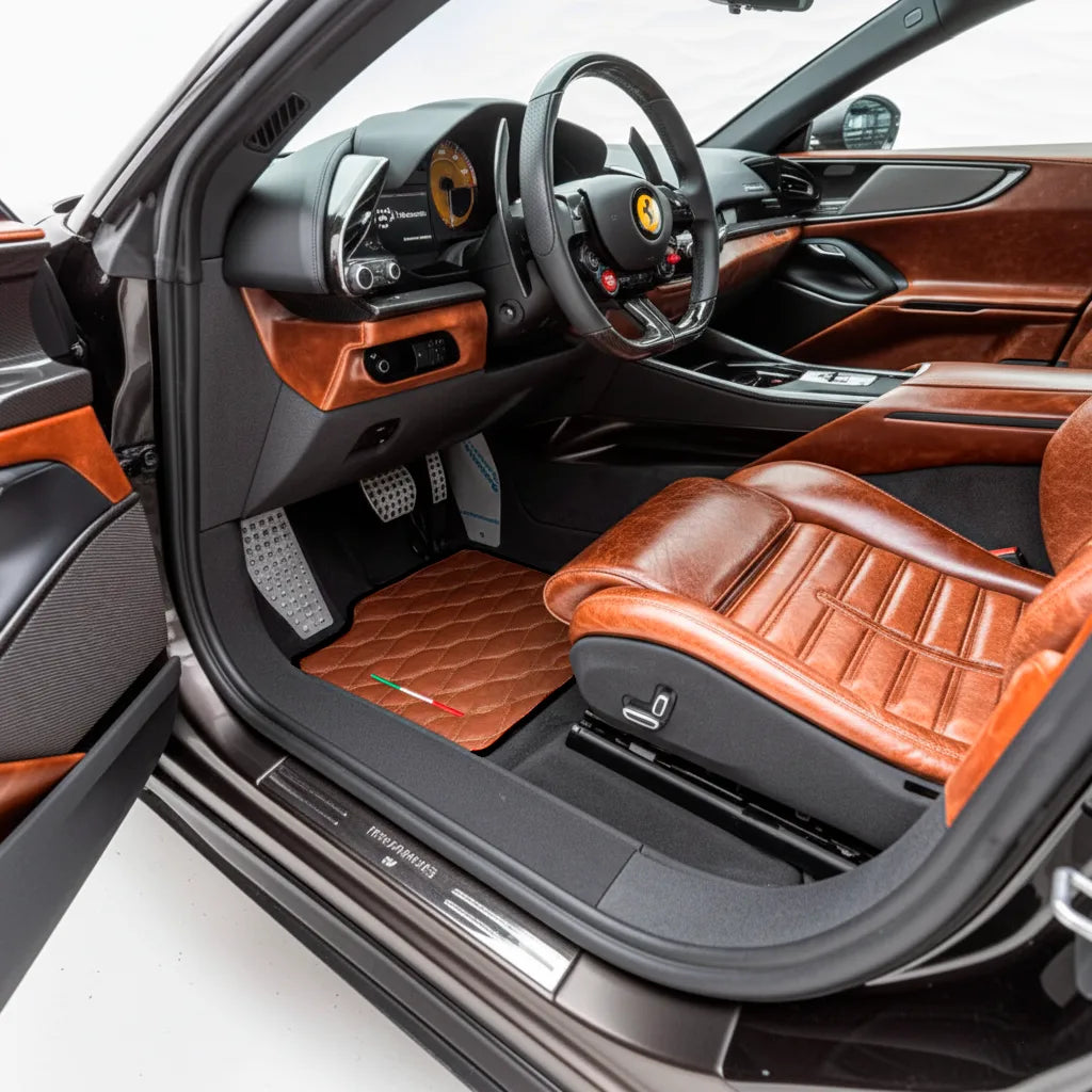 Brown Leather Viper Hex Pattern Floor Mats for Ferrari Purosangue (2023-2027) with Italian Flag