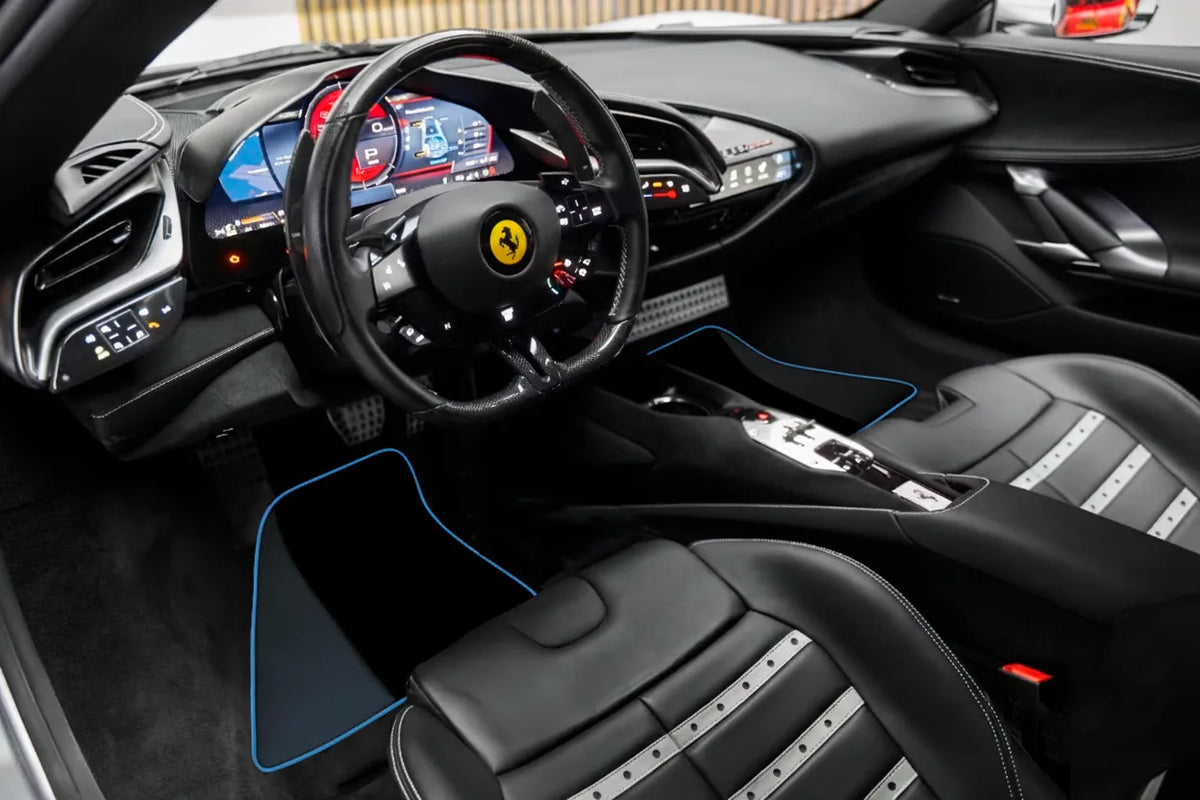 Custom Black Floor Mats for Ferrari SF90 Stradale (2019-2024) with Leather