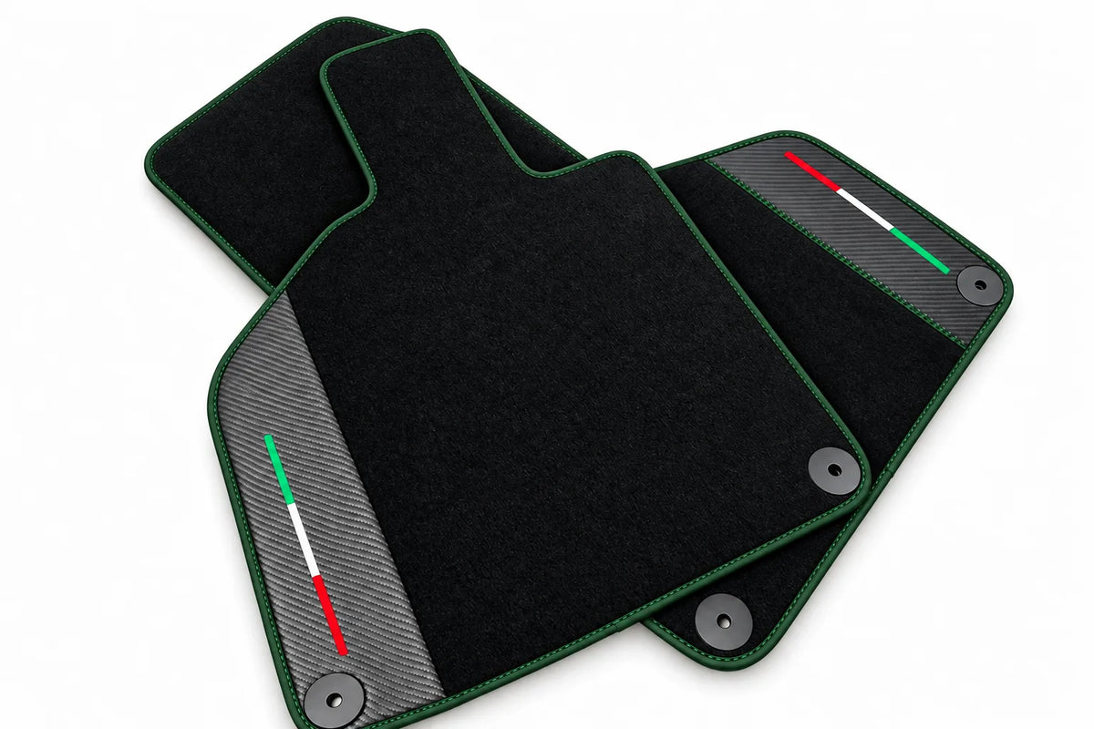 Custom Black Floor Mats for Lamborghini Huracan with Carbon Fiber Leather Dark Green trim