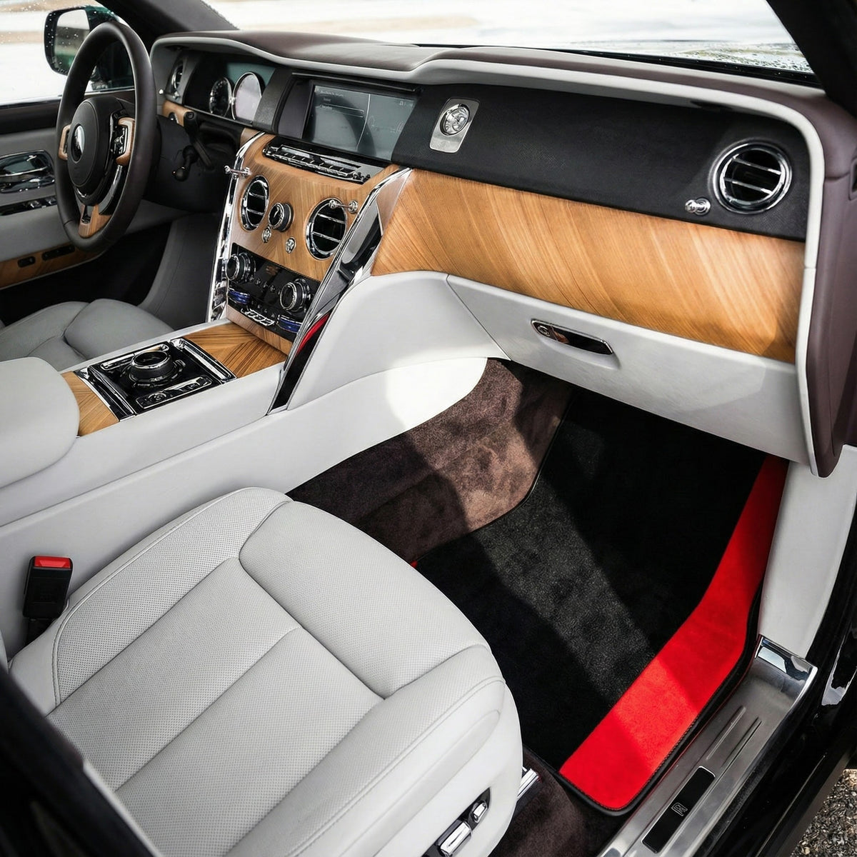 Custom Black Floor Mats for Rolls Royce Cullinan with Red Alcantara Leather