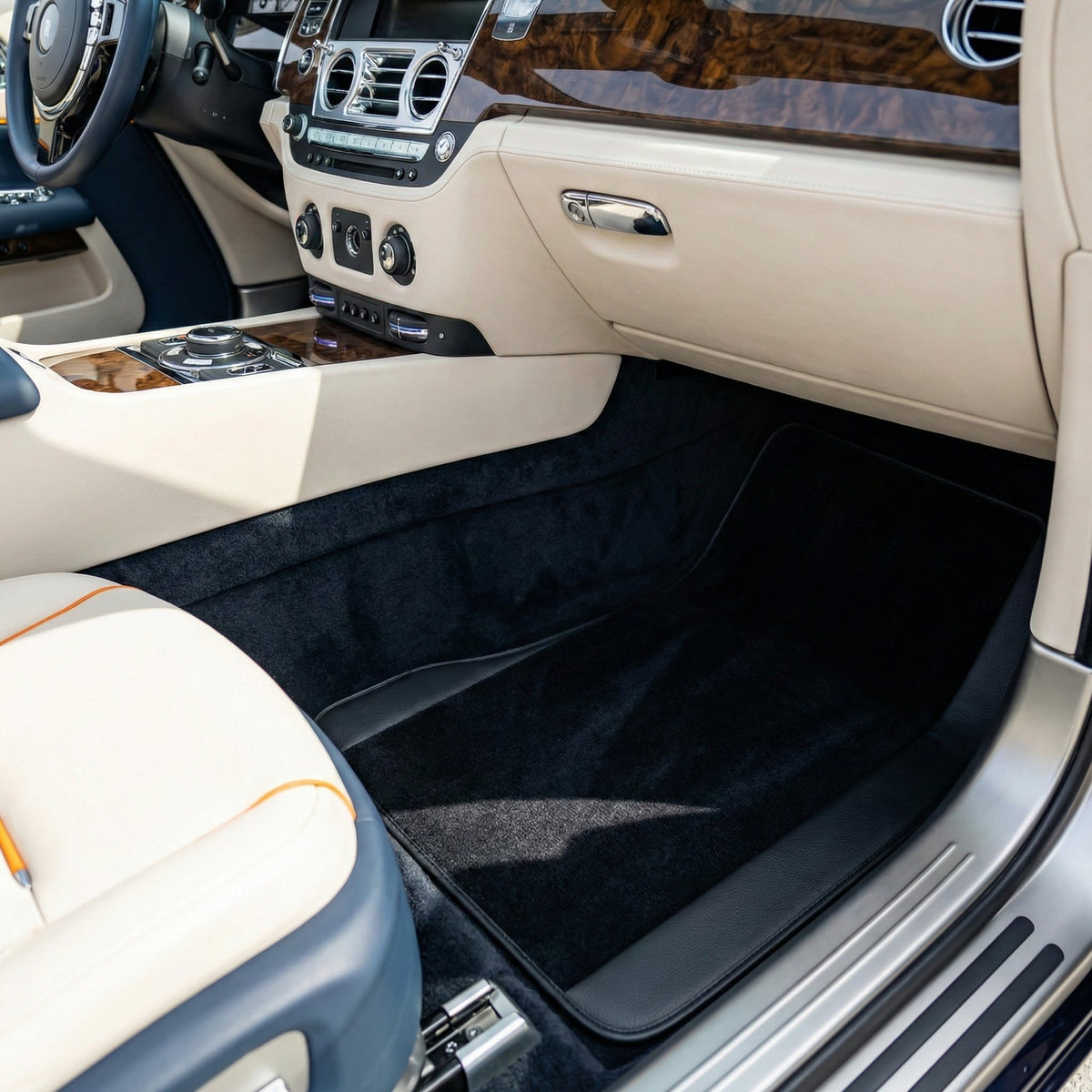 Custom Black Floor Mats for Rolls Royce Dawn (2016-2023) With Black Leather