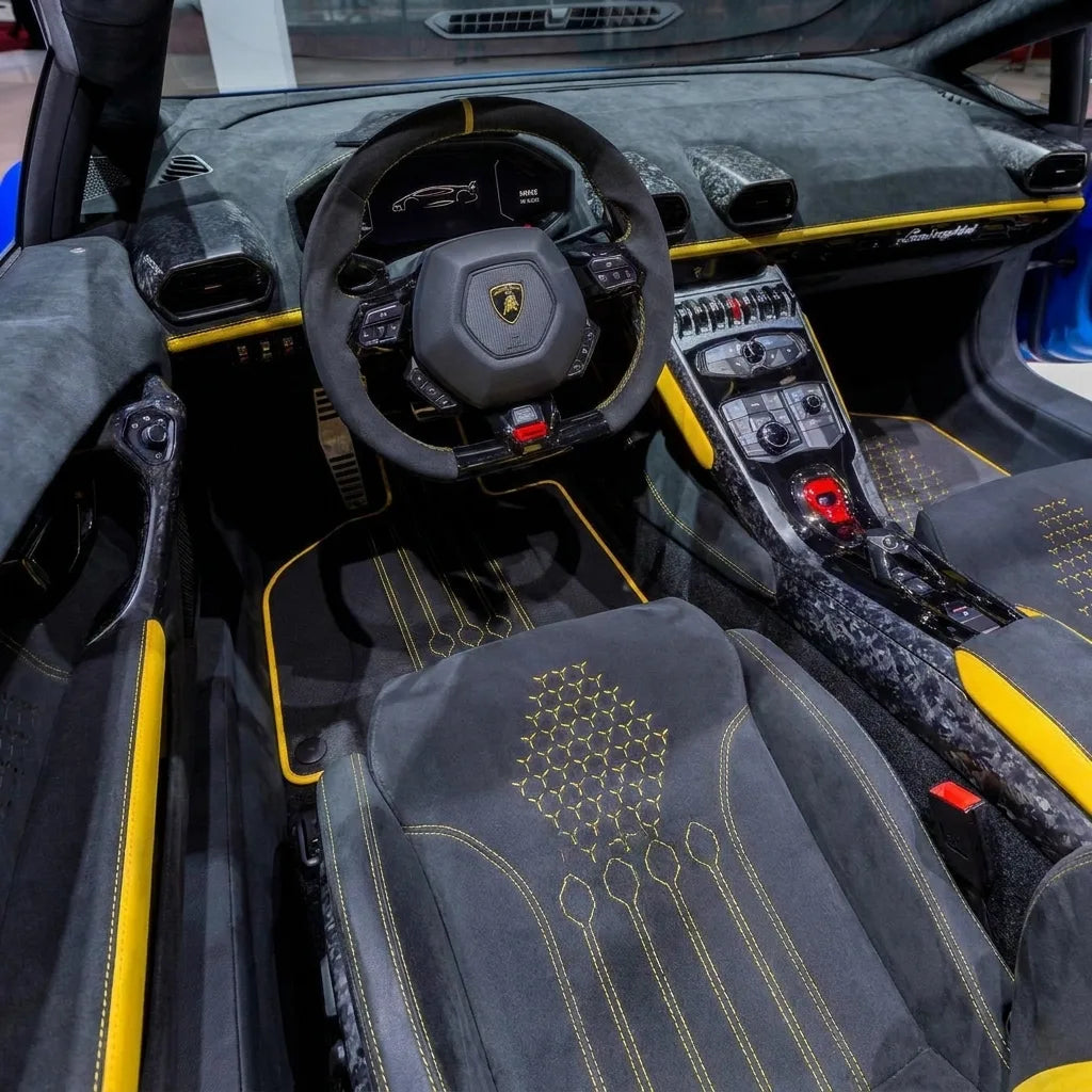 Customizable Leather Floor Mats with AW19 Pattern for Lamborghini Huracan Performante (2017-2019) inside the vehicle