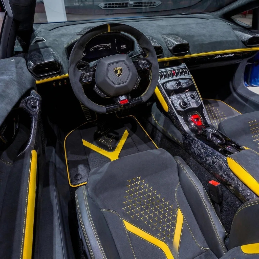 Customizable Leather Floor Mats with AW25 Pattern for Lamborghini Huracan Performante (2017-2019) inside the vehicle