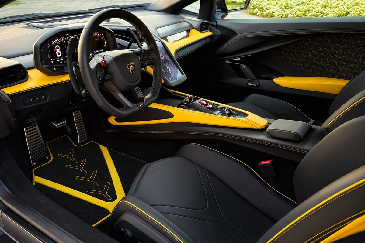 Customizable Leather Floor Mats with AW25 Pattern for Lamborghini Revuelto (2024-2027) inside the vehicle