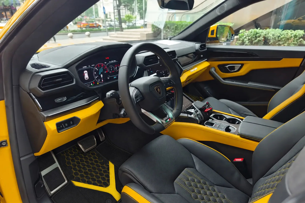 Customizable Leather Floor Mats with AW26 Pattern for Lamborghini Urus (2018-2027) inside the vehicle