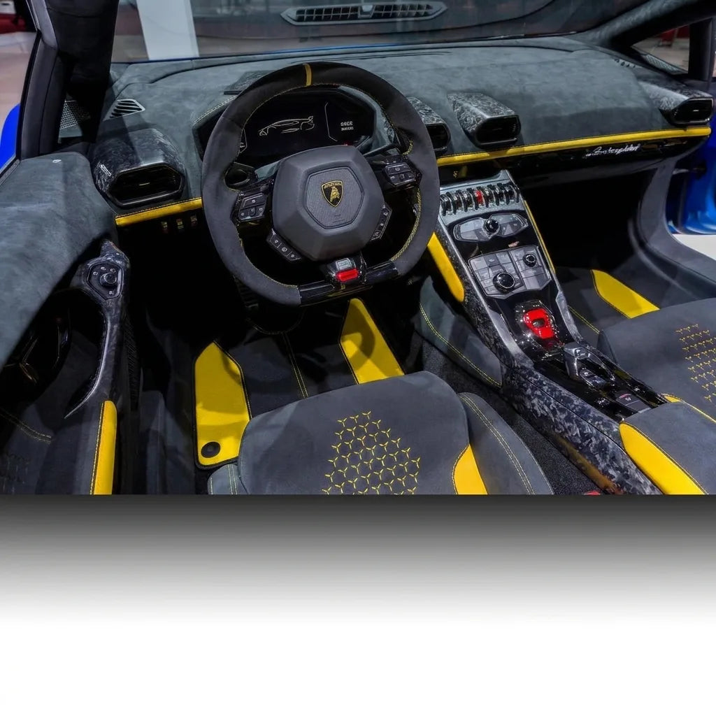 Customizable Leather Floor Mats with AW27 Pattern for Lamborghini Huracan Performante (2017-2019) inside the vehicle