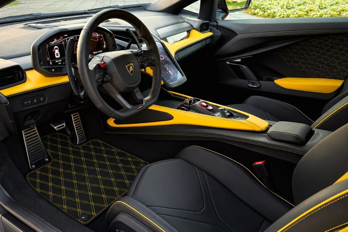 Customizable Leather Floor Mats with Double Diamond Pattern for Lamborghini Revuelto (2024-2027) inside the vehicle