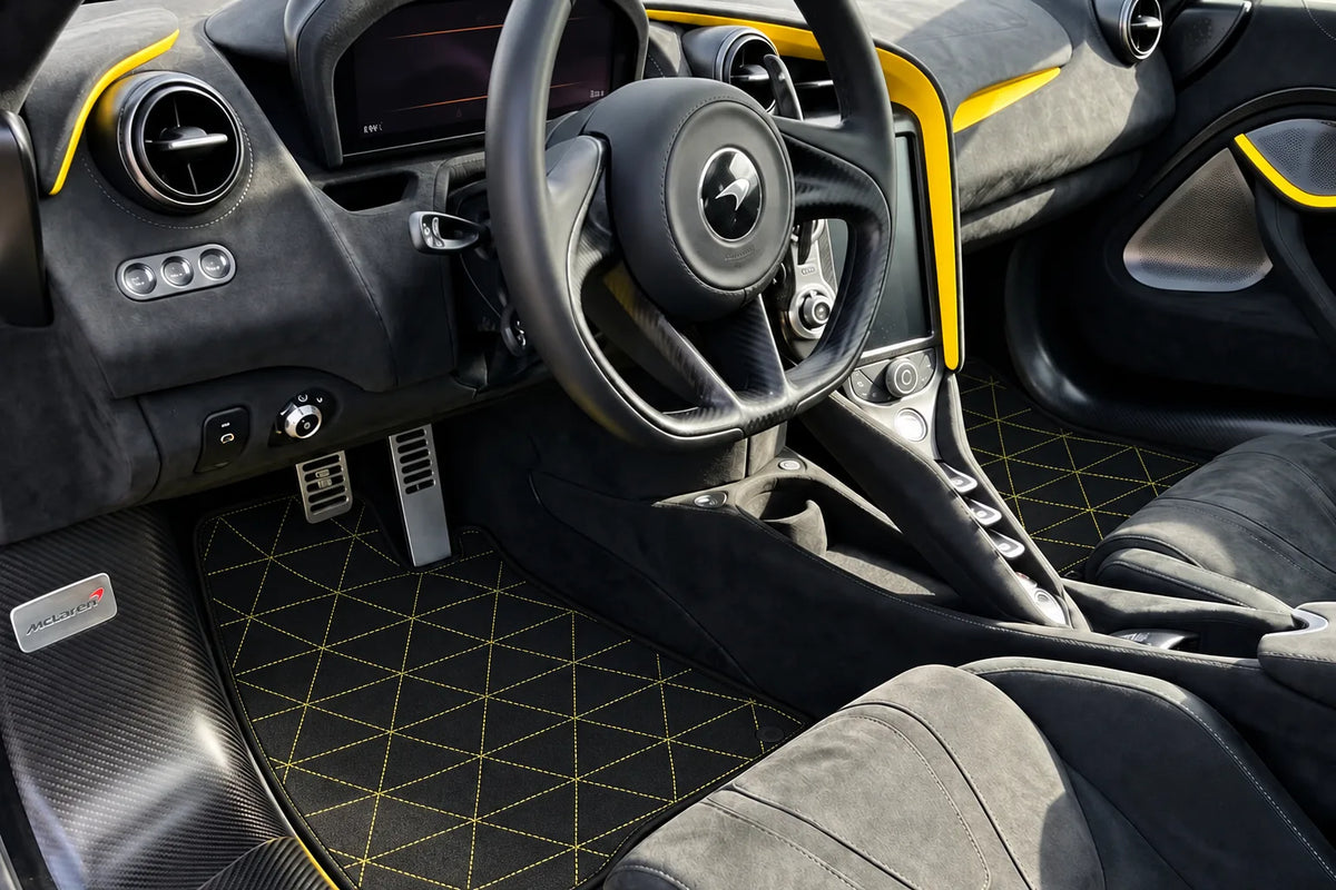 Customizable Leather Floor Mats with Hexagon Hex Pattern for McLaren 750S (2023-2025) inside the vehicle