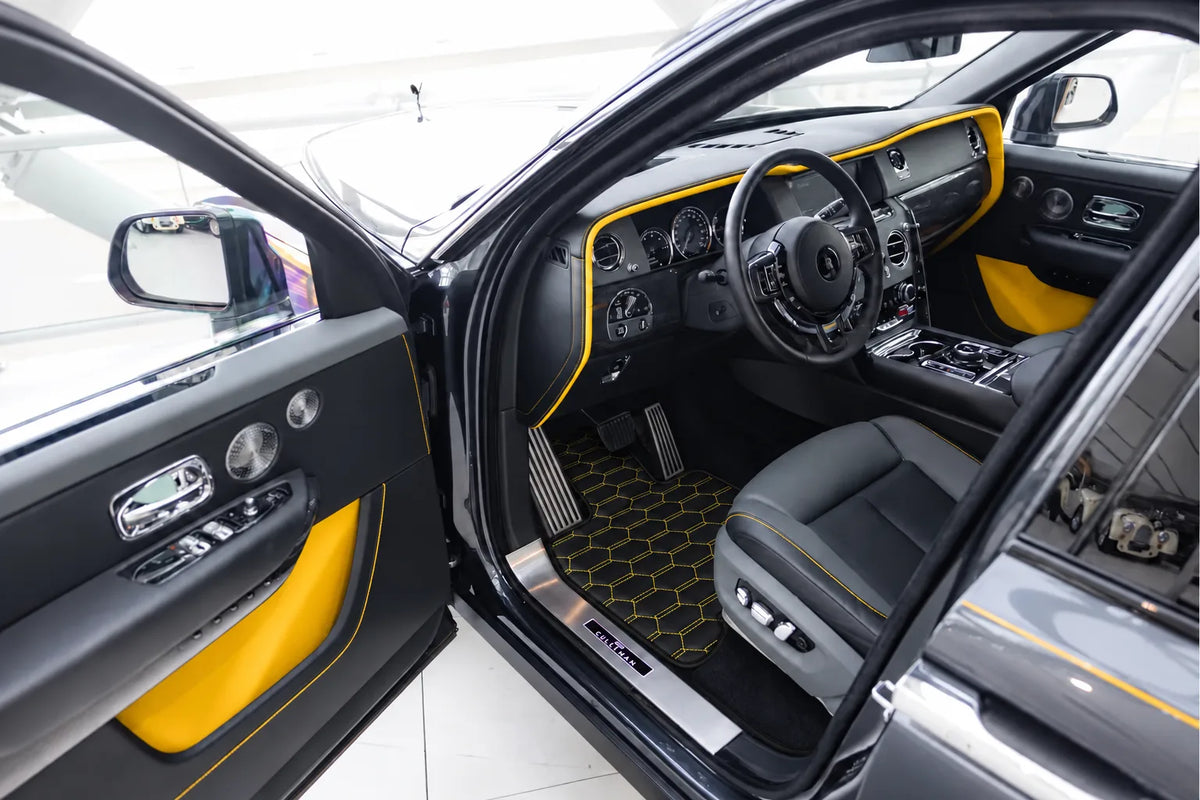 Customizable Leather Floor Mats with Interlaced Hex Pattern for Rolls Royce Cullinan (2018-2025) inside the vehicle
