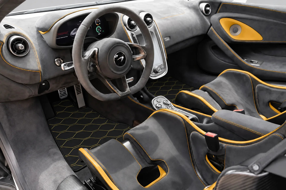 Customizable Leather Floor Mats with Viper Hex Pattern for McLaren 600LT (2018-2020) inside the vehicle