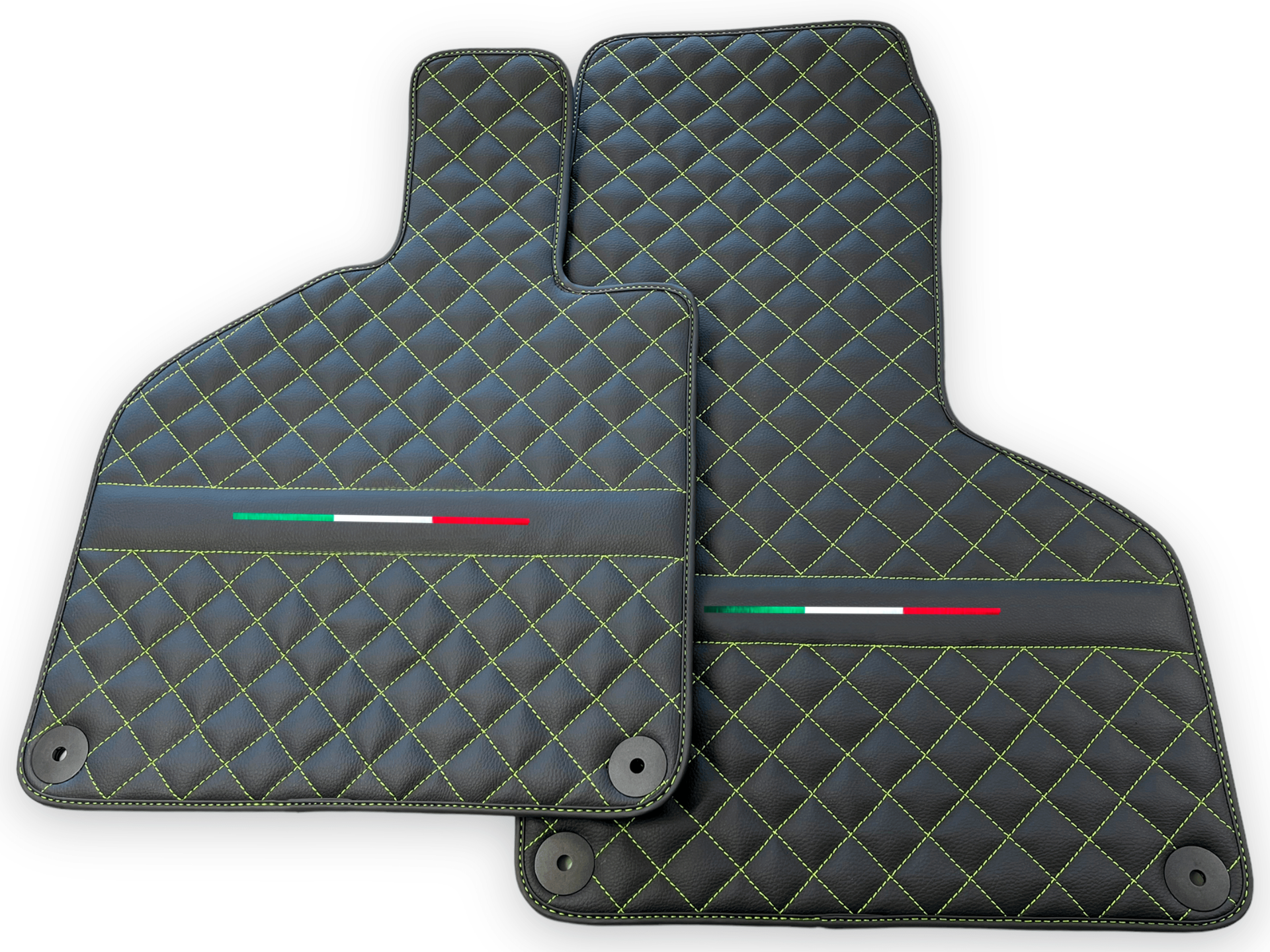 Custom Black Leather Floor Mats for Lamborghini Huracan Perfomante | Green Stitching