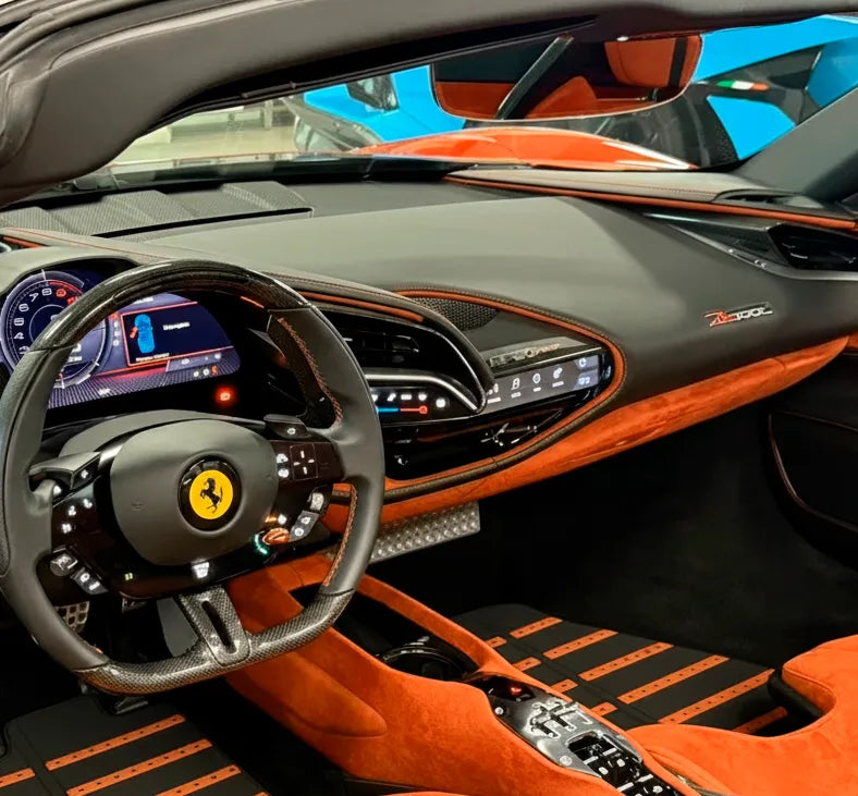 Gray Leather Floor Mats with Orange Daytona Design for Ferrari SF90 Stradale (2019-2024)