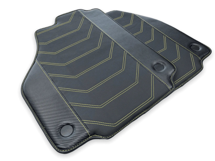 Tapis de sol en cuir pour Ferrari 458 Spider 2012-2015 noir avec couture jaune