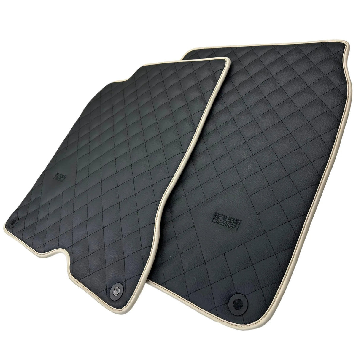 Leather Floor Mats for Ferrari California T (2015-2018) Black Sewing ER56 Design | Beige Trim - AutoWin