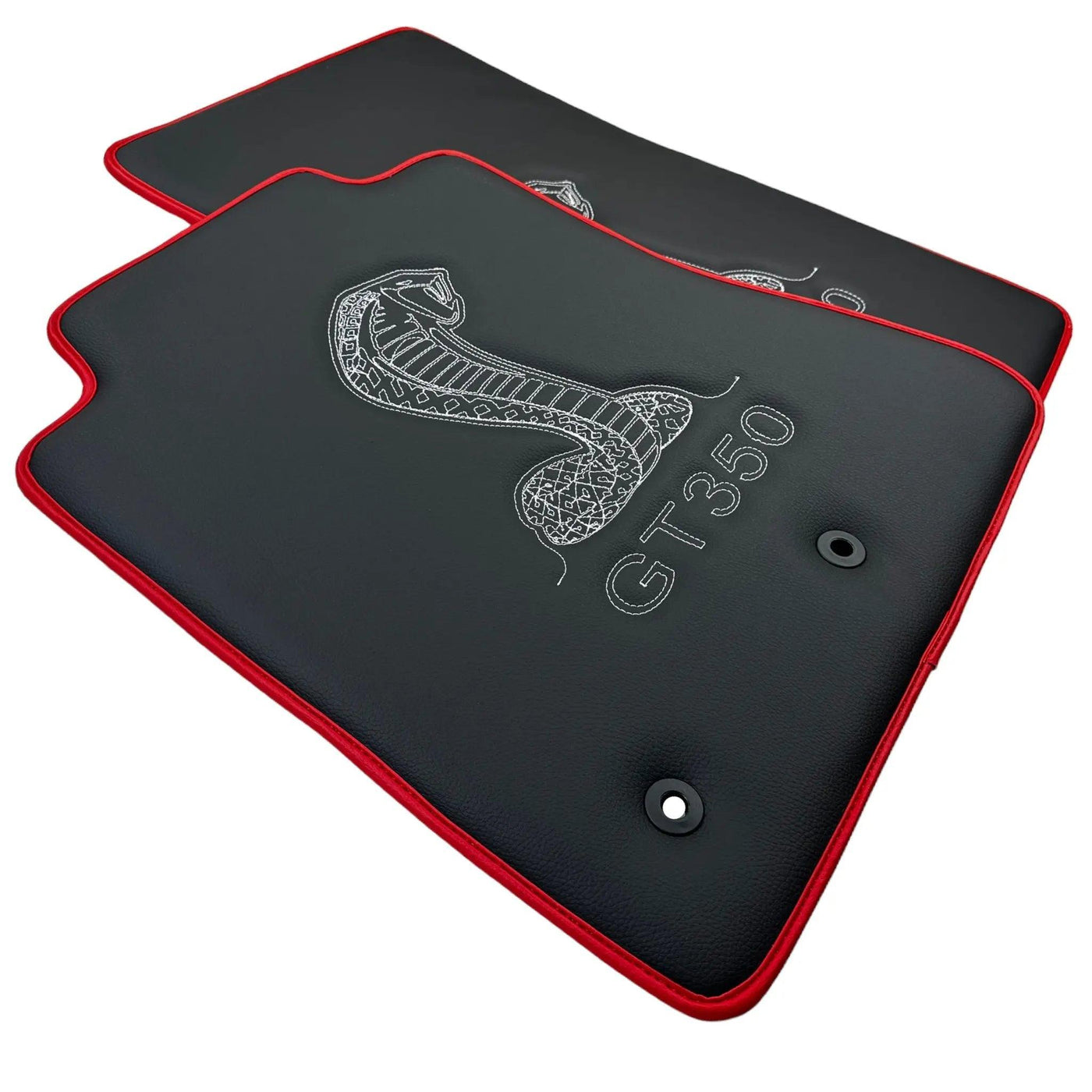 Leather Floor Mats with Red Trim for Ford Mustang GT350 Shelby (2015-2021) with Cobra Sewing - AutoWin