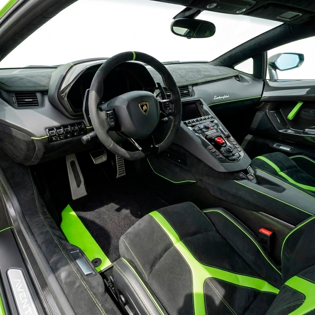 Anpassbare schwarze Fußmatten für Lamborghini Aventador mit grünem Leder