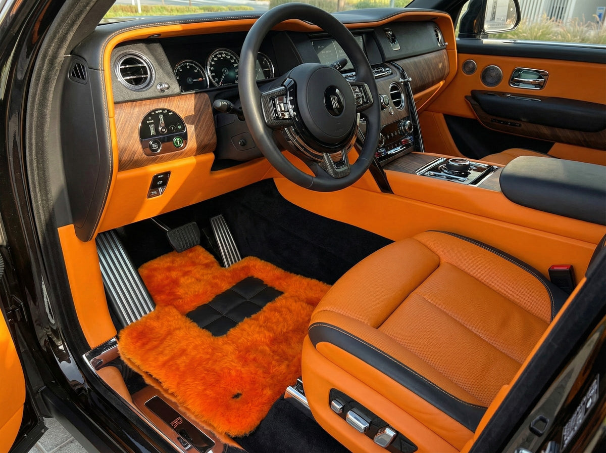 Interior look of floor mats for Orange Sheepskin Floor Mats For Rolls Royce Cullinan Rr31 2018-2025 Er56 Design Brand