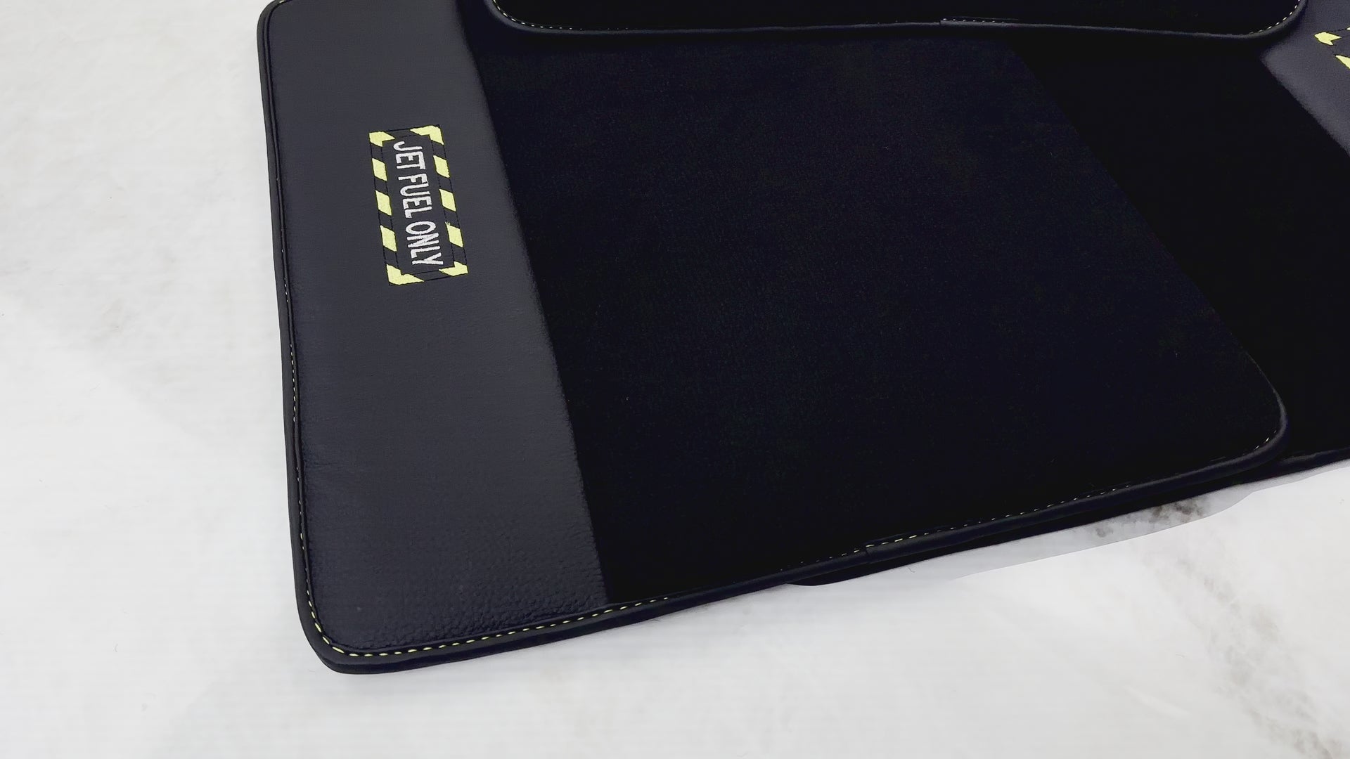 Black Floor Mats with Leather for BMW 5 Series G30 - "Jet Fuel Only" - ER56 Design