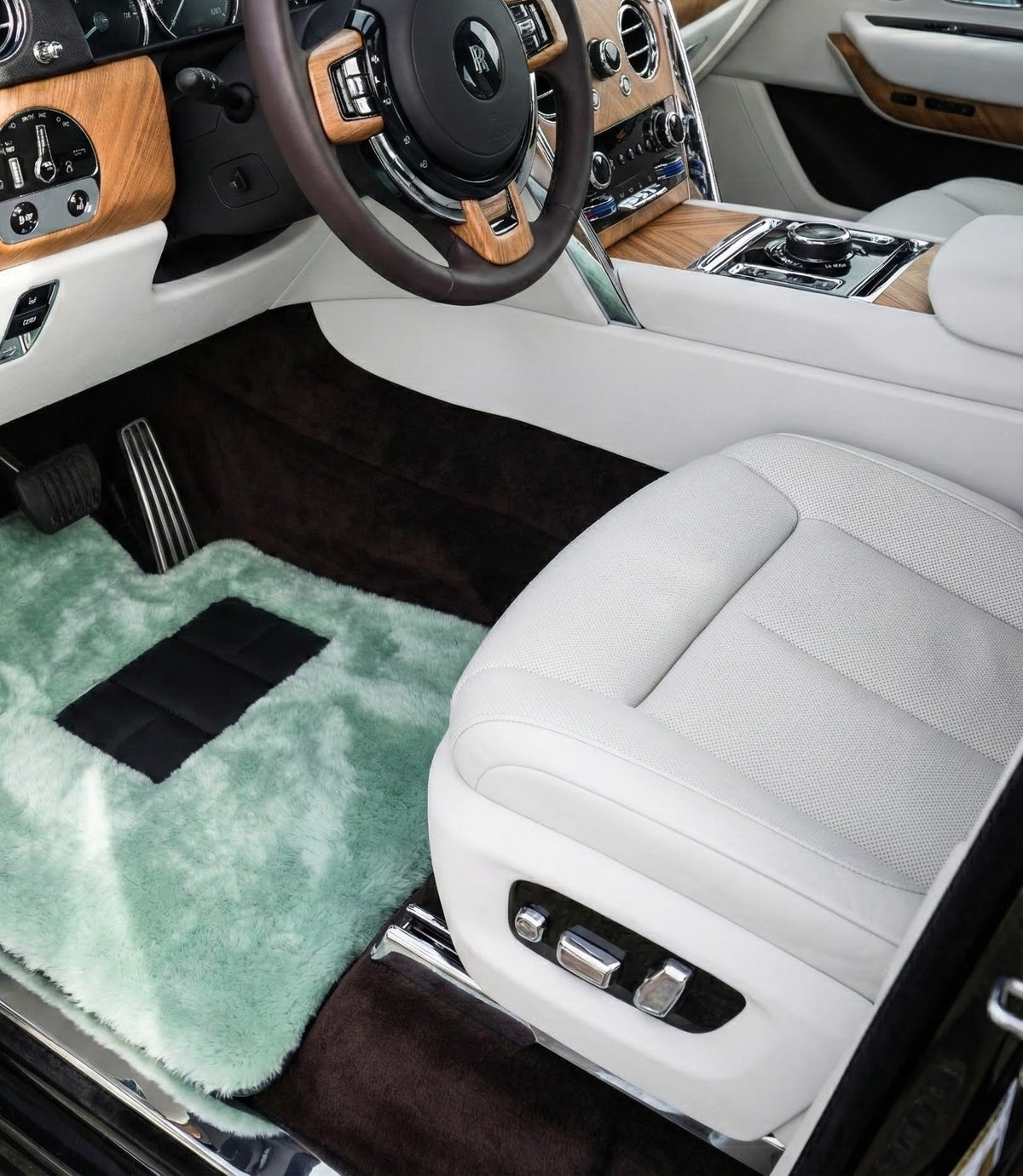 Interior look of floor mats for Tiff Blue Sheepskin Floor Mats For Rolls Royce Cullinan Rr31 2018-2025 Er56 Design Brand