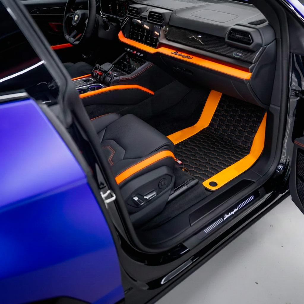 Fußmatten für Lamborghini Urus Schwarz mit orangefarbenen runden Teppichen  - AutoWin.EU